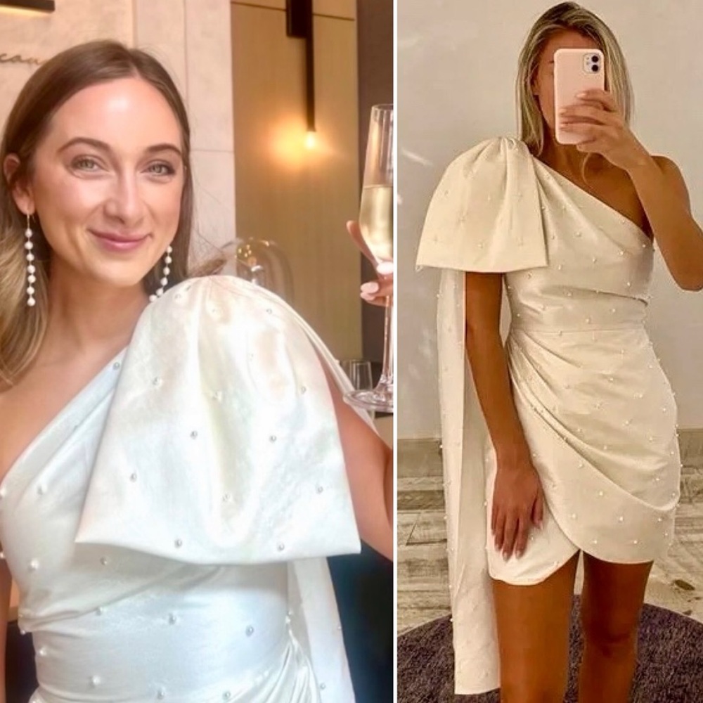 BHLDN Pippa Pearl Bow One Shoulder Mini Dress Bridal Shower Reception 2 XS White - Picture 15 of 15